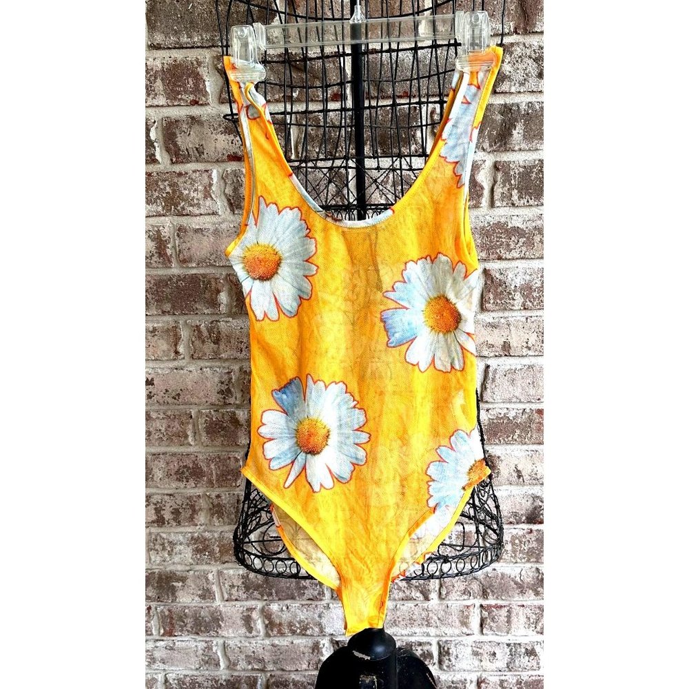 NWT Zara  Sheer Yellow Golden Daisy Mesh Bodysuit Small  Snap Closure Fe…